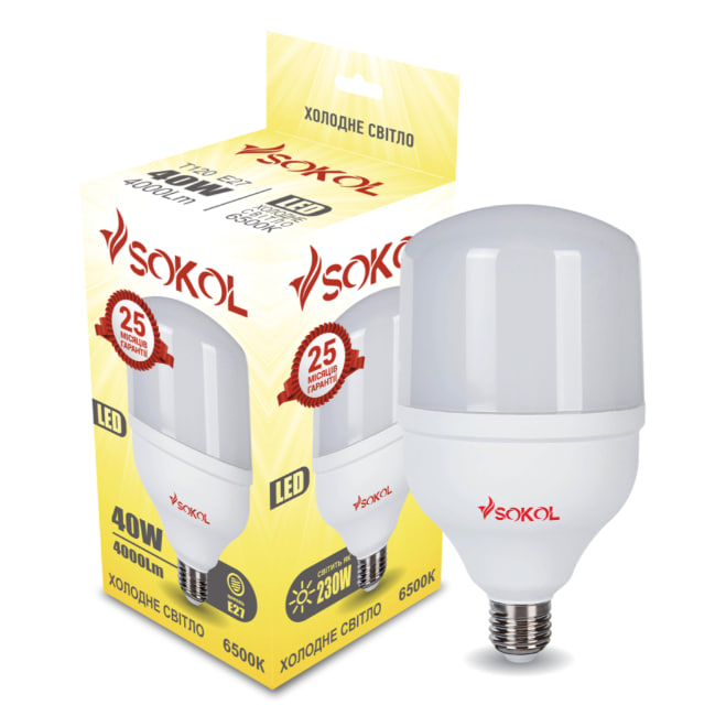 Світлодіодна LED лампа T120 40W 6500K E27 220V SOKOL